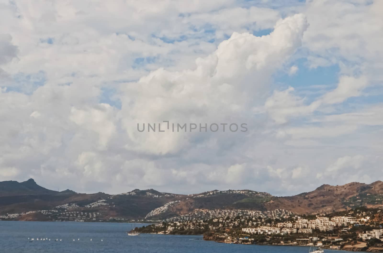 Mediterranean coast and cloudy sky, beautiful panoramic sea view and coastal nature scene