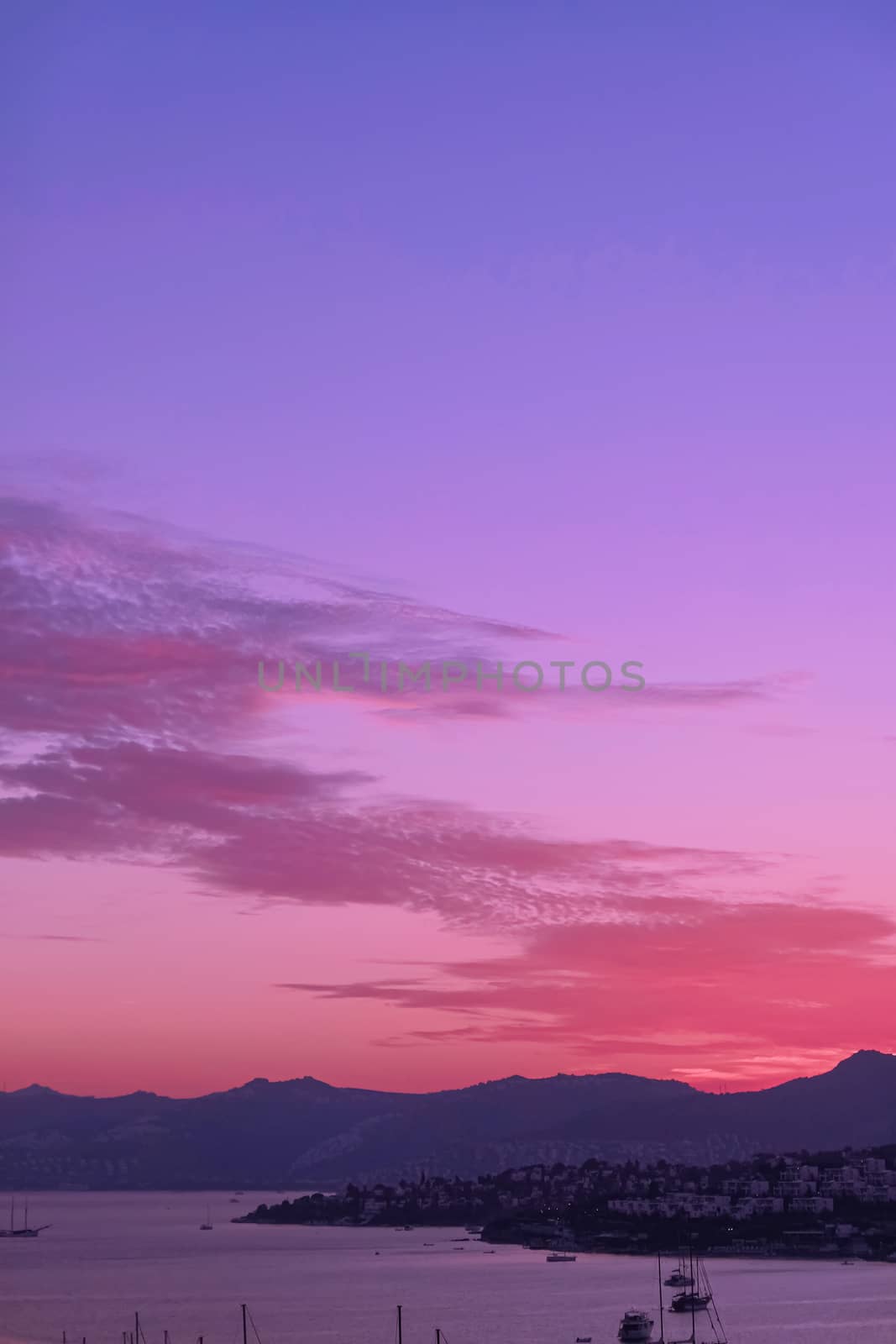 Sea view and mountains in the Mediterranean at sunset, summer vacation travel and holiday destination by Anneleven