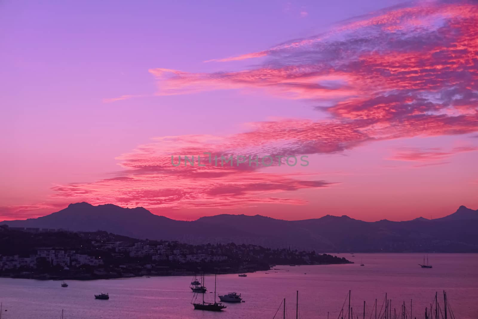 Beautiful sea view and mountains in the Mediterranean at sunset, summer vacation travel and holiday destination