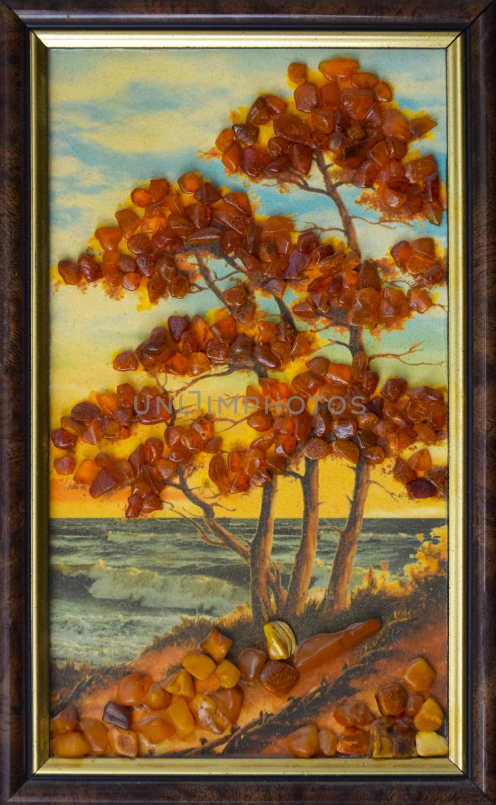Autumn tree with yellow leaves on the seashore, picture from amber.