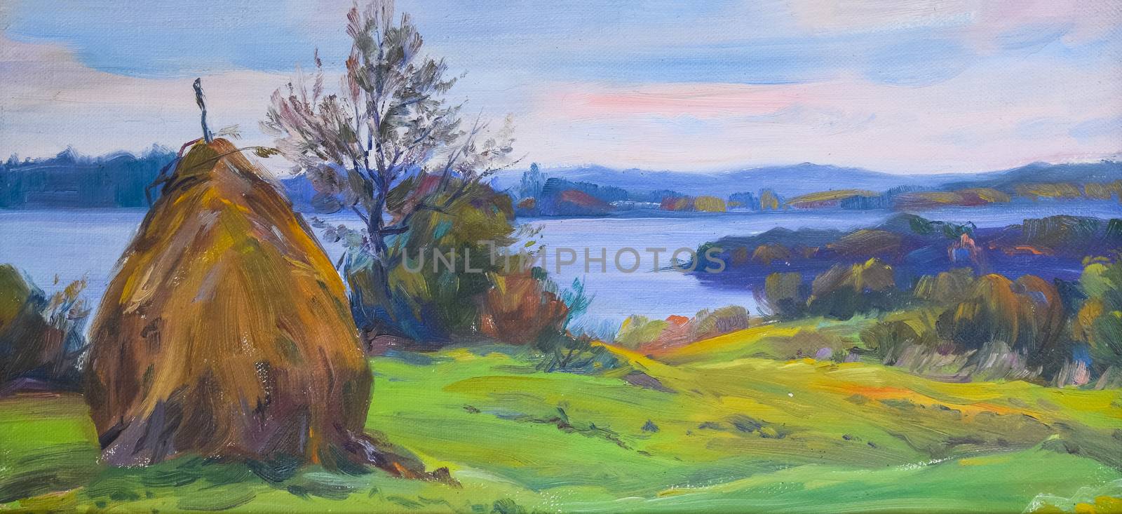 Haystack in the meadow opposite the river. Rural landscape oil paintings.