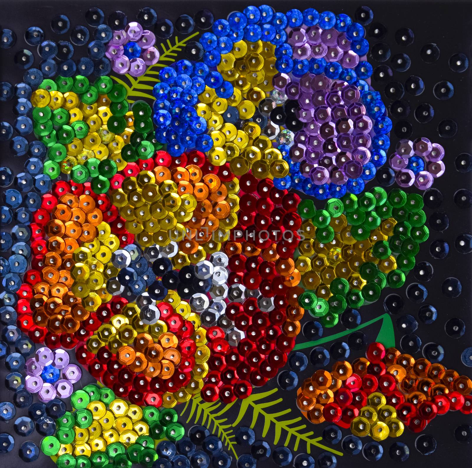 Sequined embroidered bouquet of flowers on canvas.