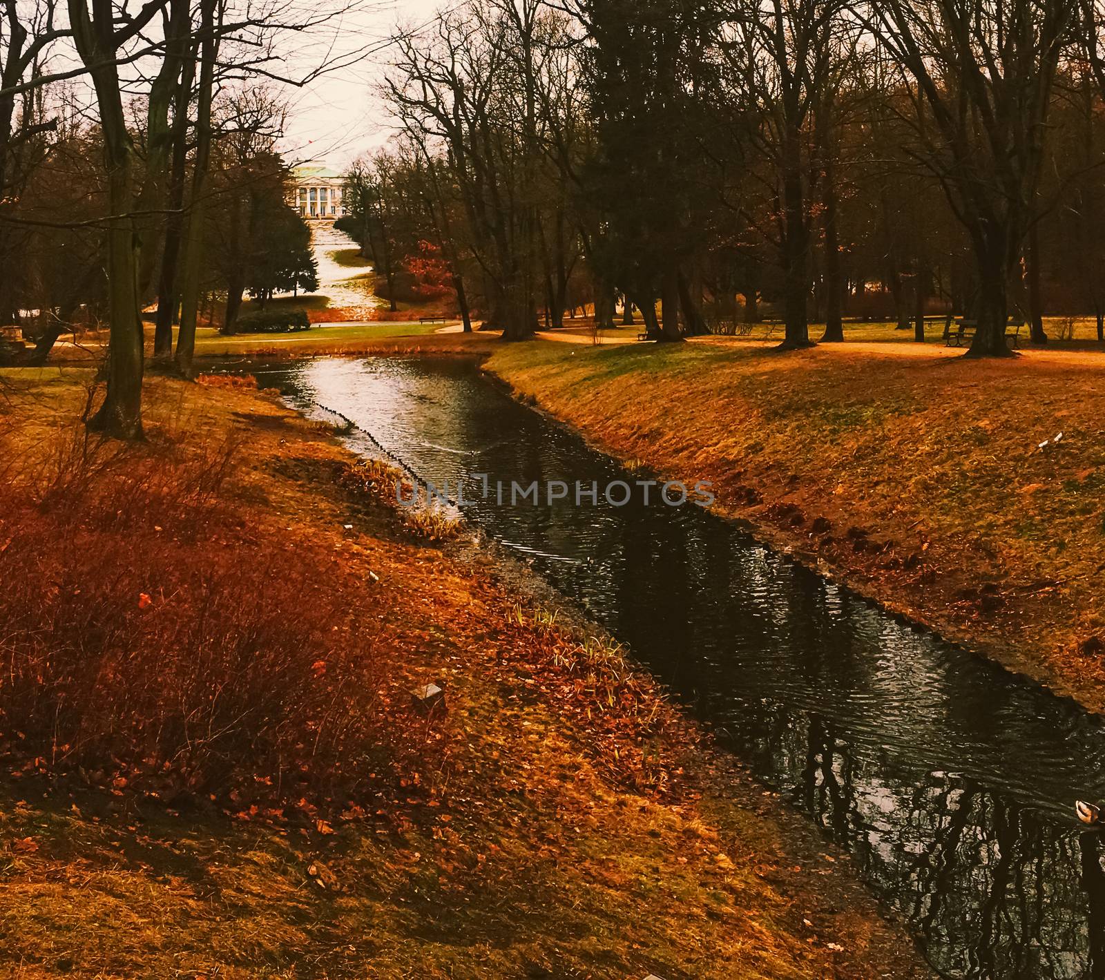 Sunset on the river in park, autumn nature by Anneleven