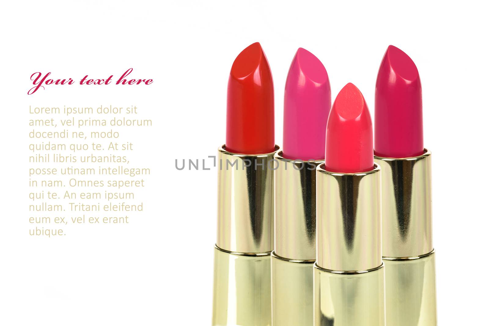 Red lipstick vollection on white background with place for add text