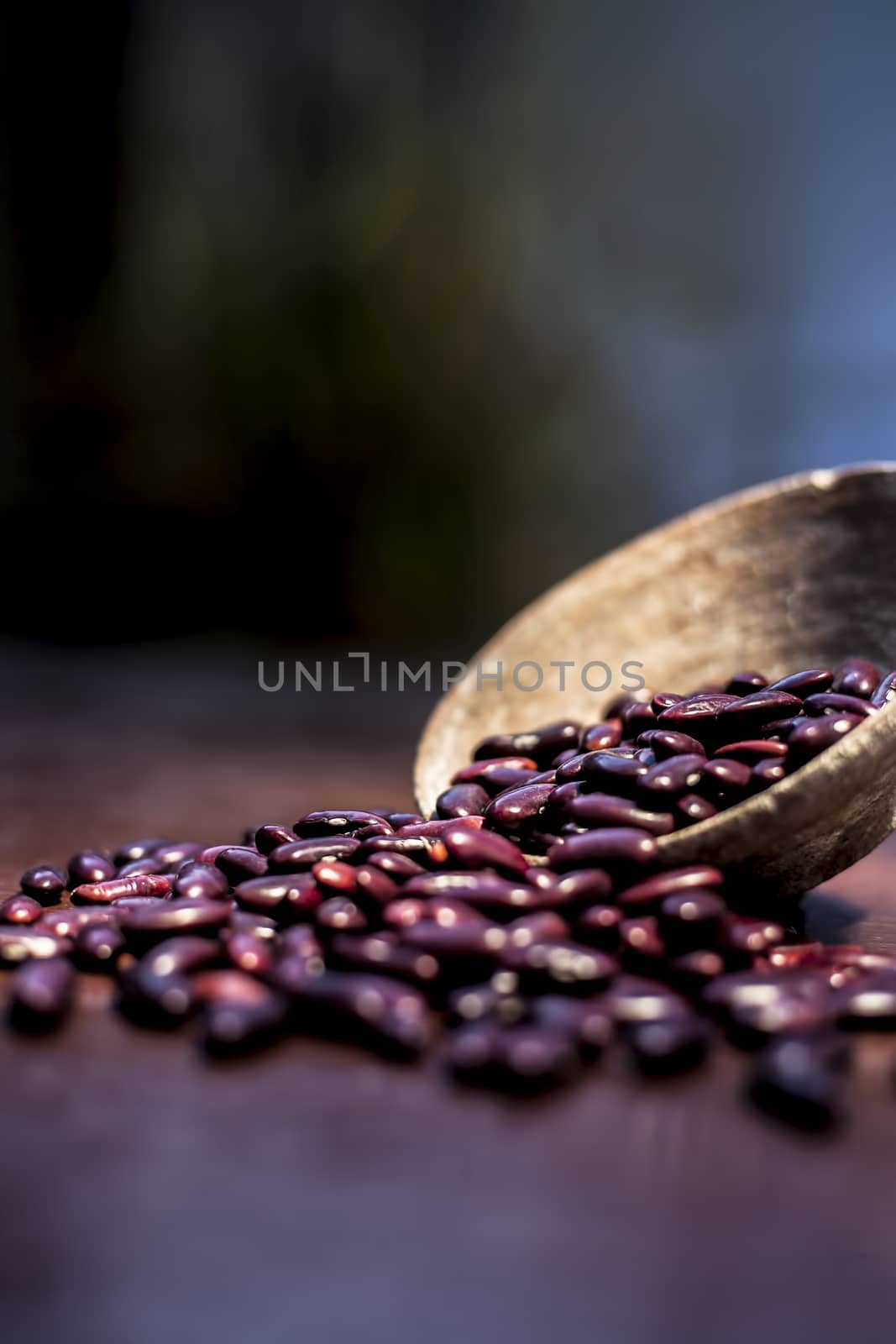 Close up of raw kidney beans on brown colored surface in a clay bowl with a spotlight on it. Vertical shot. by mirzamlk