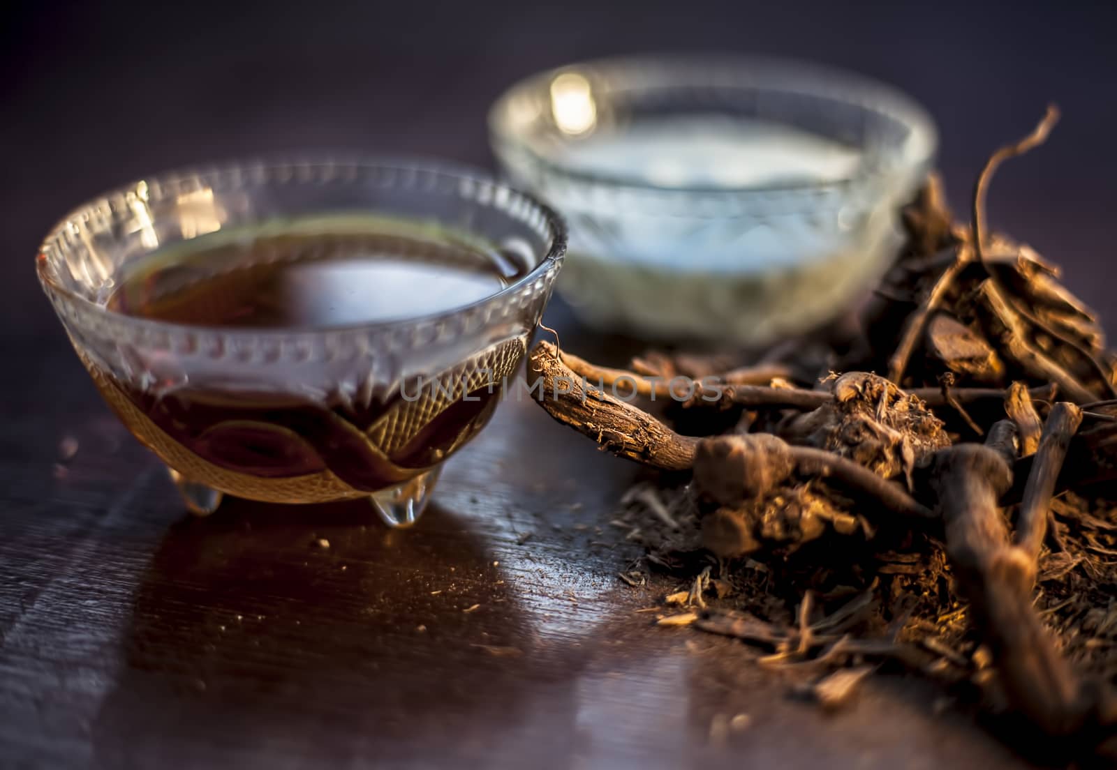 Raw ayurvedic herb chitrak/Plumbago zeylanica roots on the brown-colored shiny surface with some buttermilk, ghee or clarified butter, its extract, curd, and honey with it used in ayurvedic therapy.