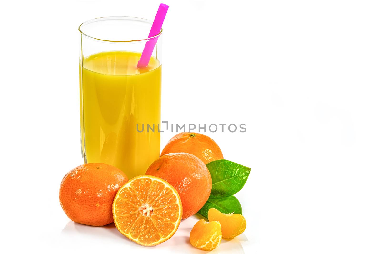 Glass of fruit juice from oranges, mandarins, and its fruits isolated on a white background