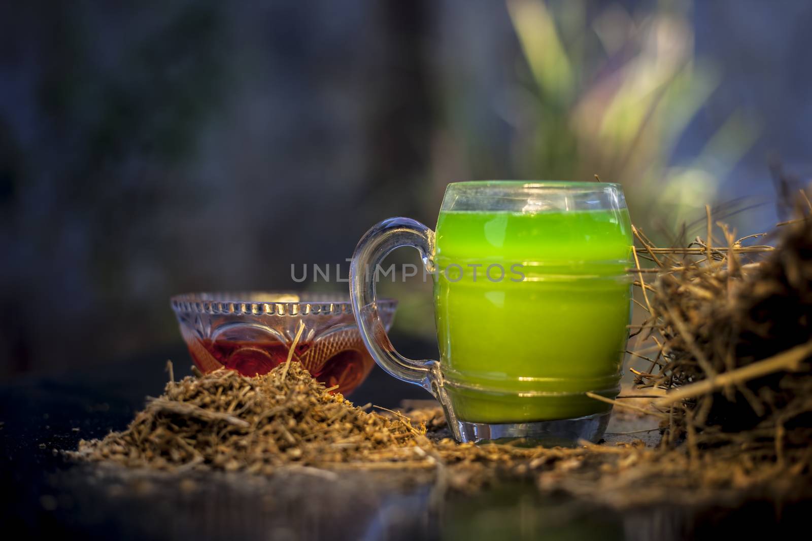 Close up of green-colored extracted juice shankhpushpi or Convolvulus pluricaulis roots along with its extract herbal juice in a glass on a black wooden surface. by mirzamlk