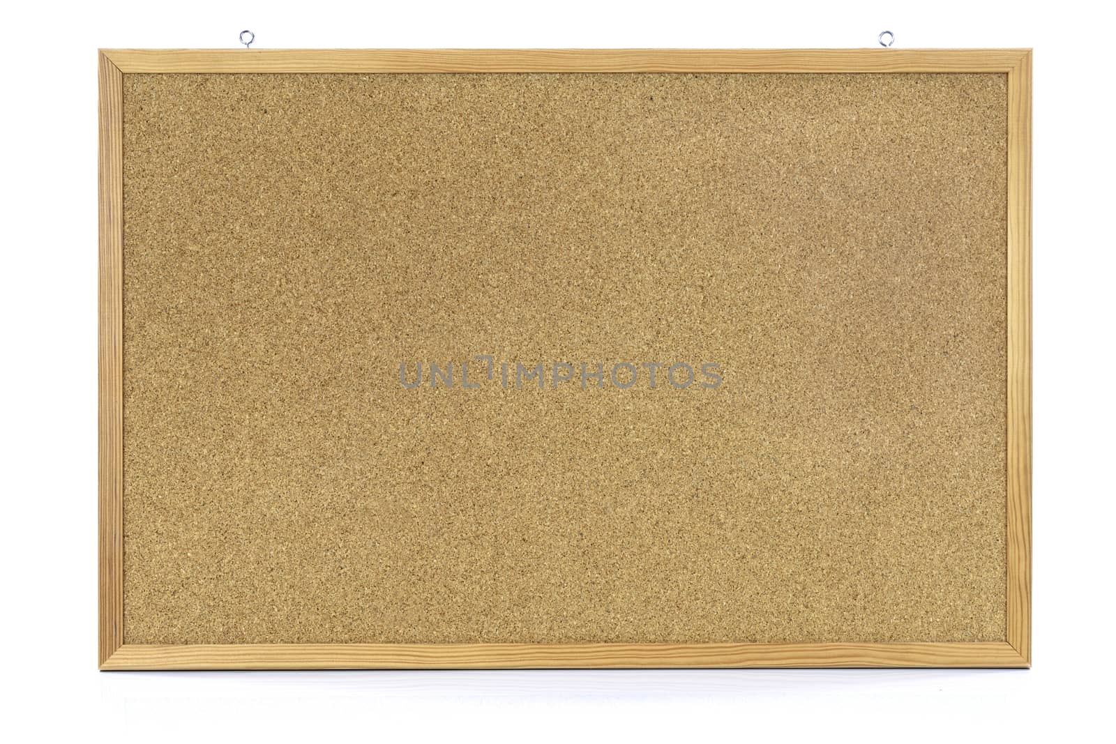 Cork notice board with wooden frame isolated on white background