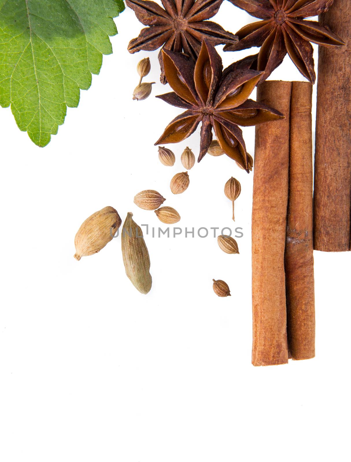 Various spices isolated on white background.