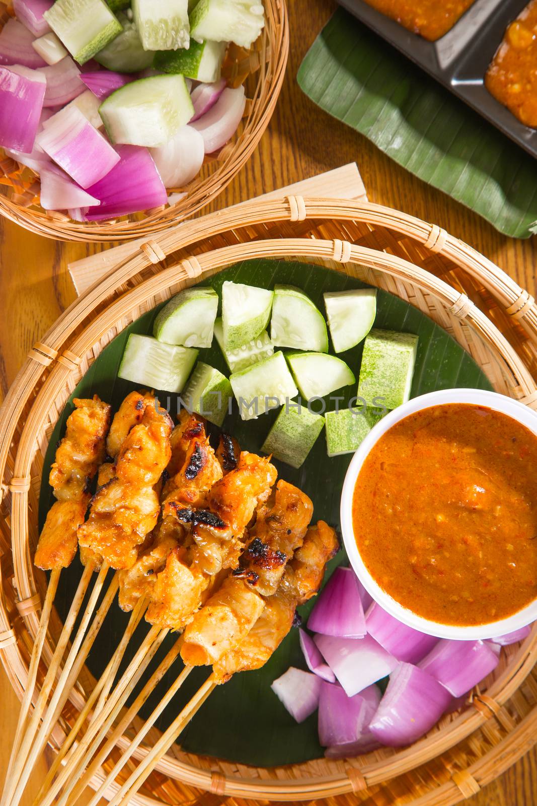 Chicken sate with delicious peanut sauce, ketupat, onion and cuc by tehcheesiong