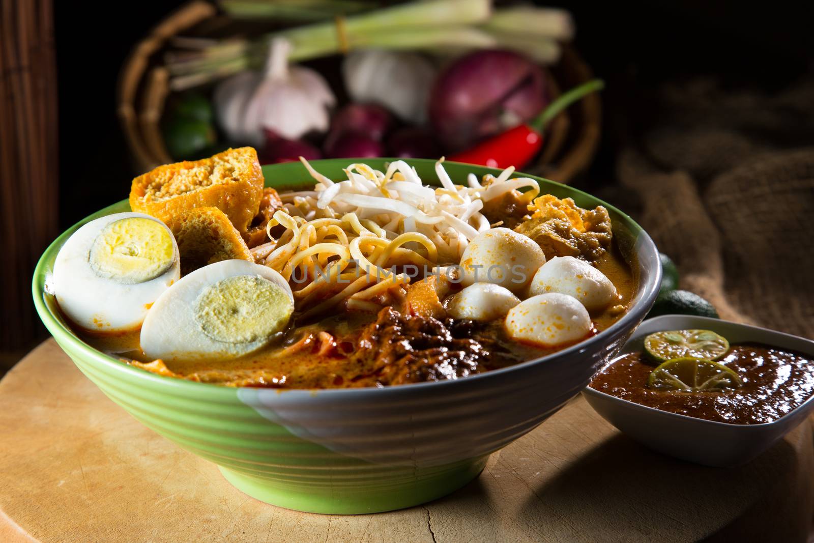 Curry Laksa which is a popular traditional spicy noodle soup from the culture in Malaysia.