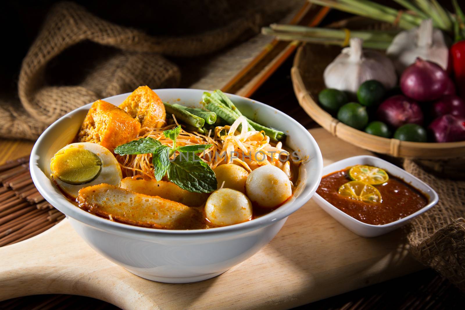 Curry Laksa which is a popular traditional spicy noodle soup from the culture in Malaysia.