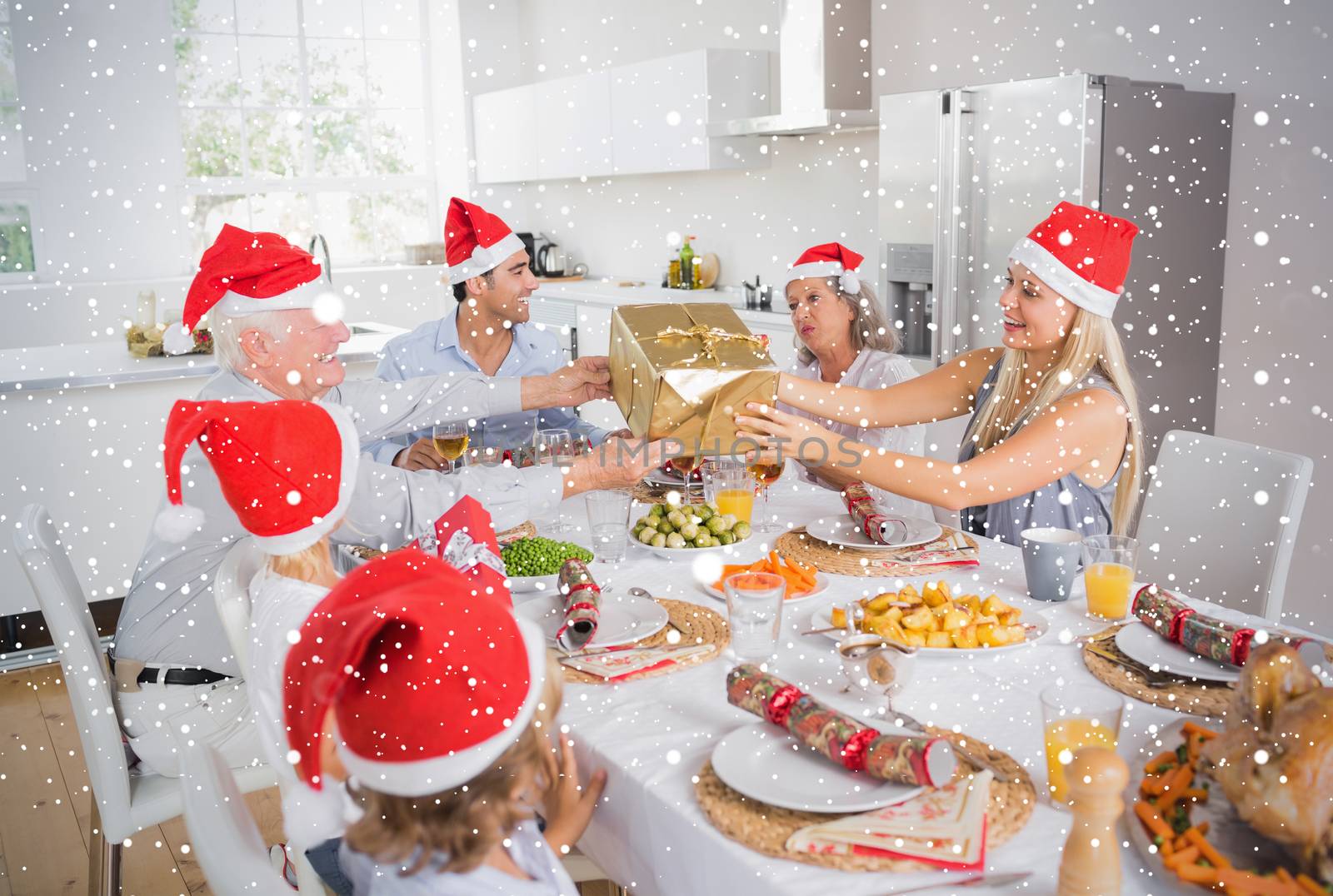 Composite image of Festive family exchanging gifts against snow falling