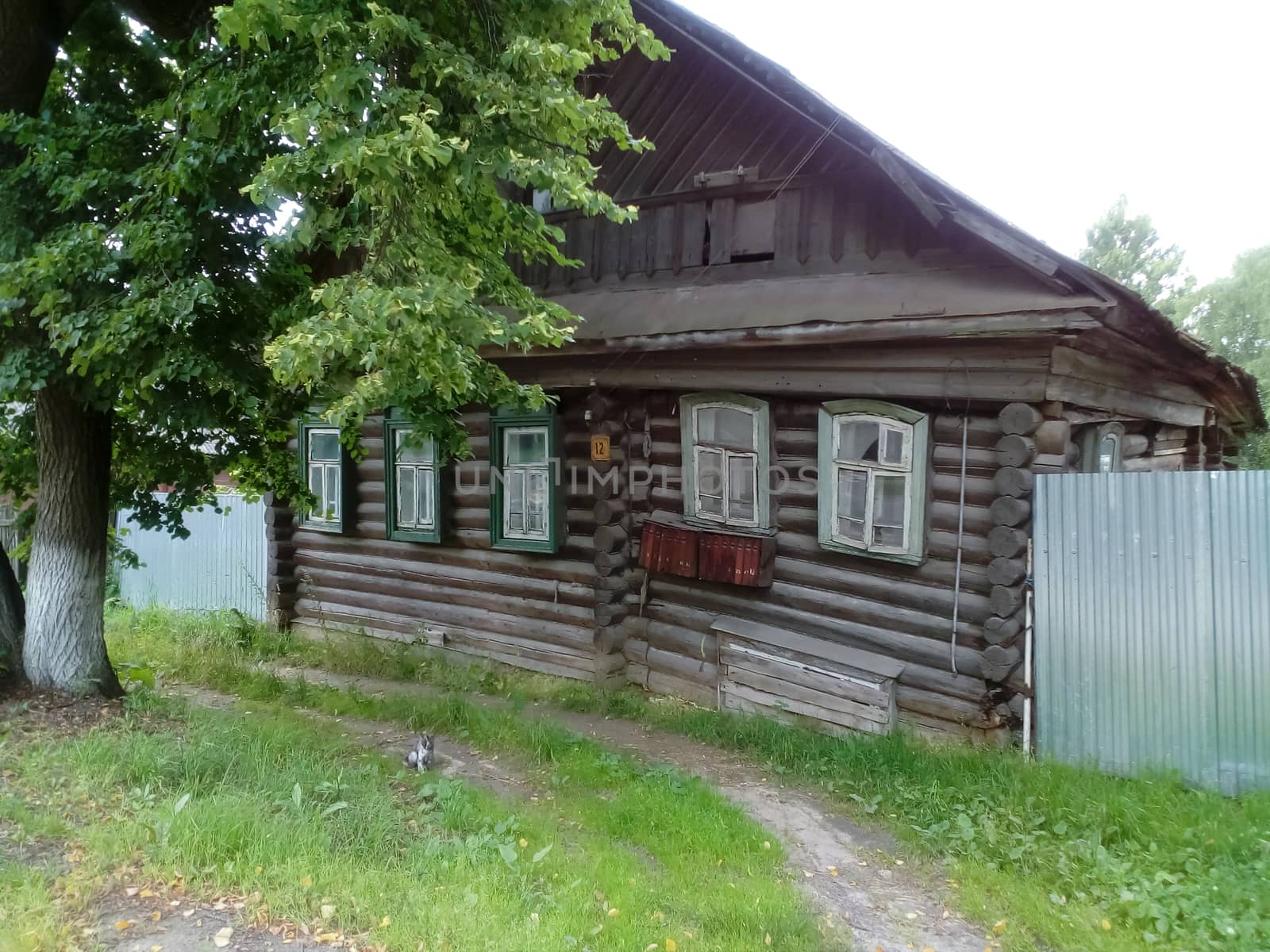 rustic wooden house and a clearing of green grass in front of it. by fedoseevaolga