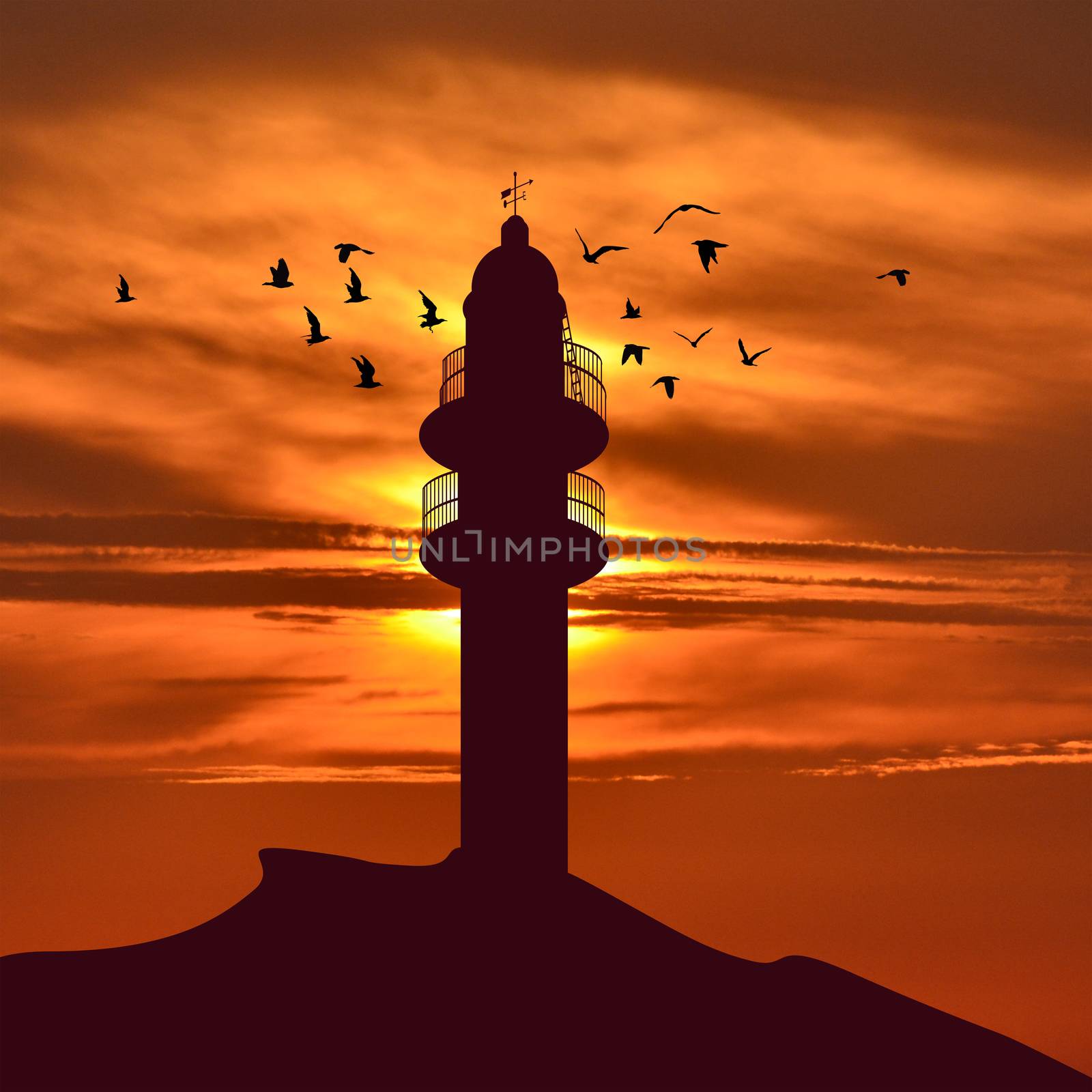 Lighthouse silhouette and birds flying around it by hibrida13