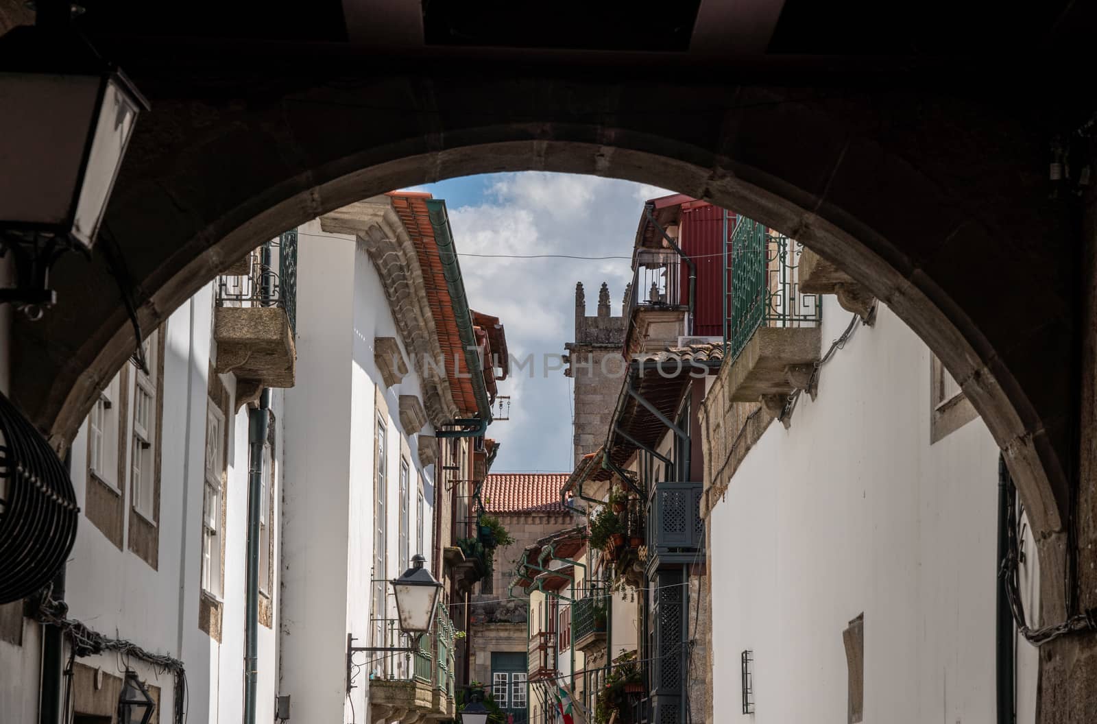 Carved balconies on traditional houses near the main square in Guimaraes