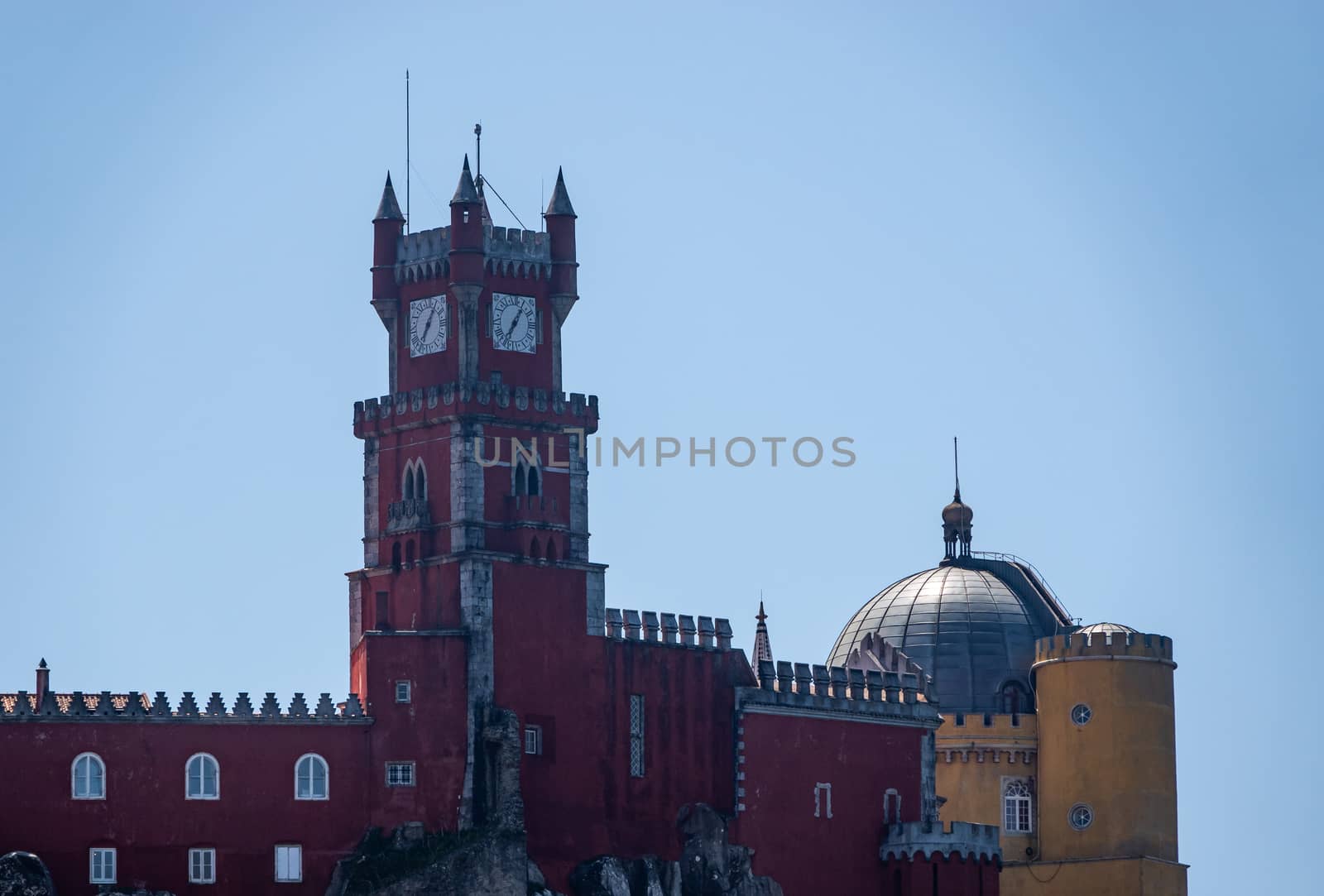 Pena Palace monument on the hilltop seen from the Castle of the Moors near Sintra in Portugal