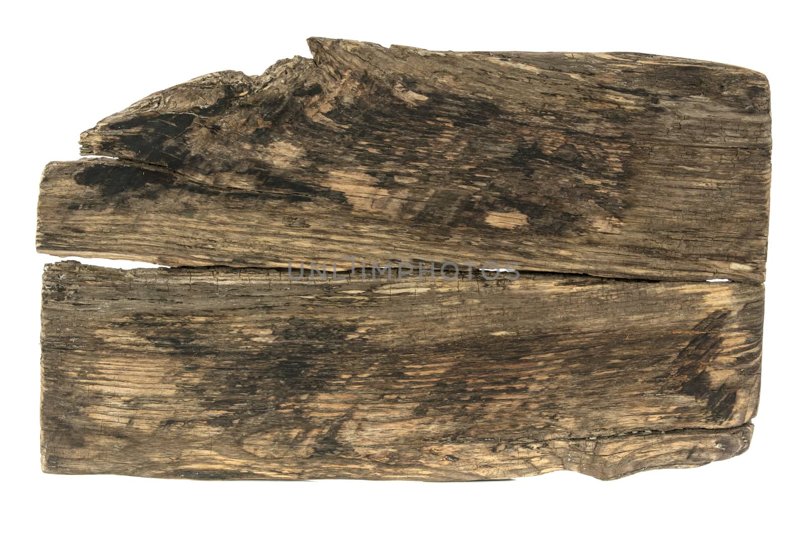 An old and rotten wooden board on a white background