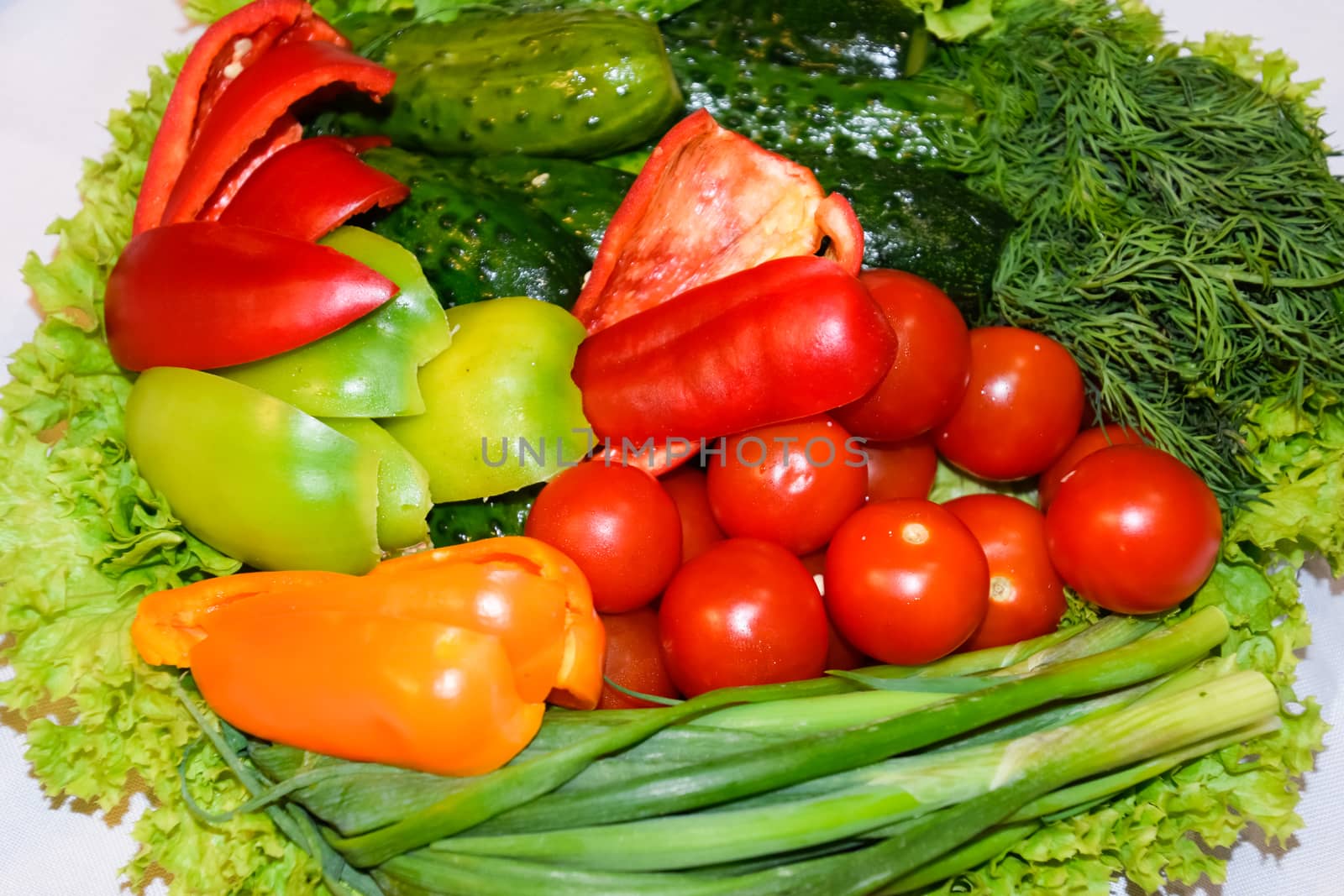 Set of different fresh vegetables in a plate, dill, tomato parsley bell pepper onion cucumber red pepper and other
