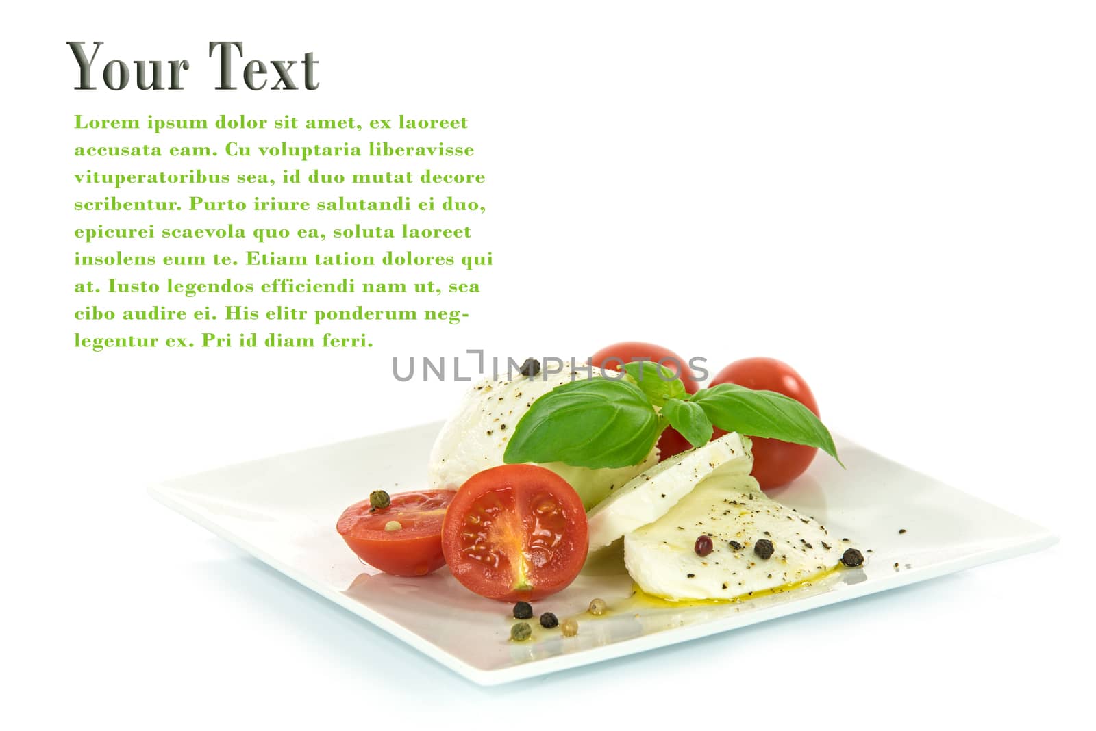 Delicacy of Italian cuisine - mozzarella cheese with basil leaves and baby tomatoes, flavored with olive oil and pepper, isolated on a white background with space for advertising text