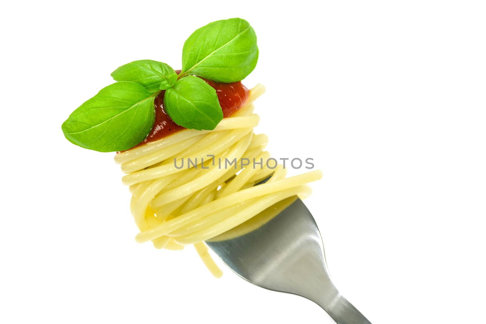 Spaghetti pasta with sauce and basil on a fork isolated on a white background