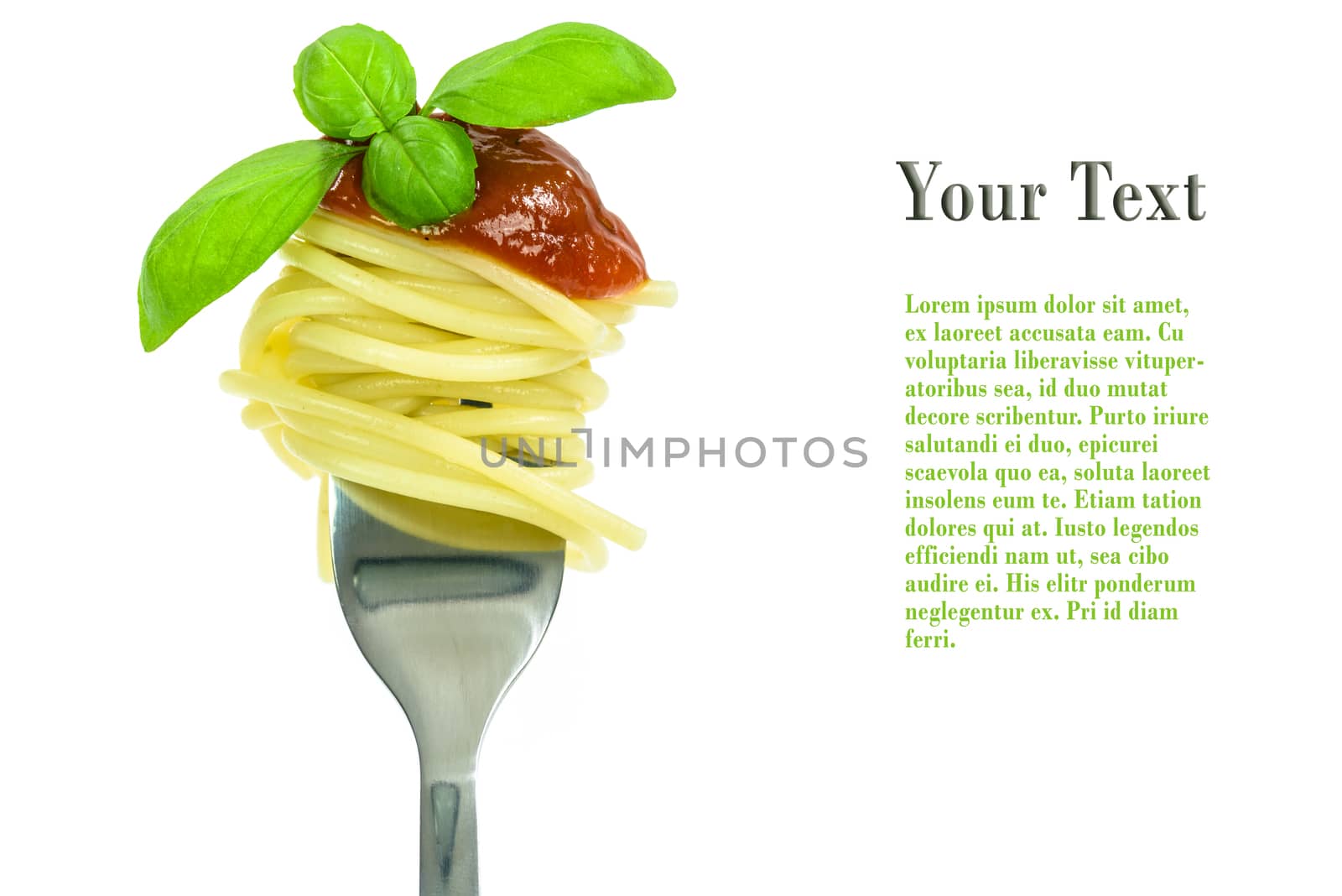 Spaghetti pasta with sauce and basil on a fork isolated on a white background with space for advertising text