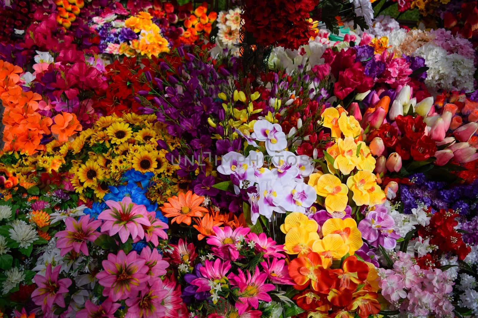 The flower shop counter. Lots of different colors.