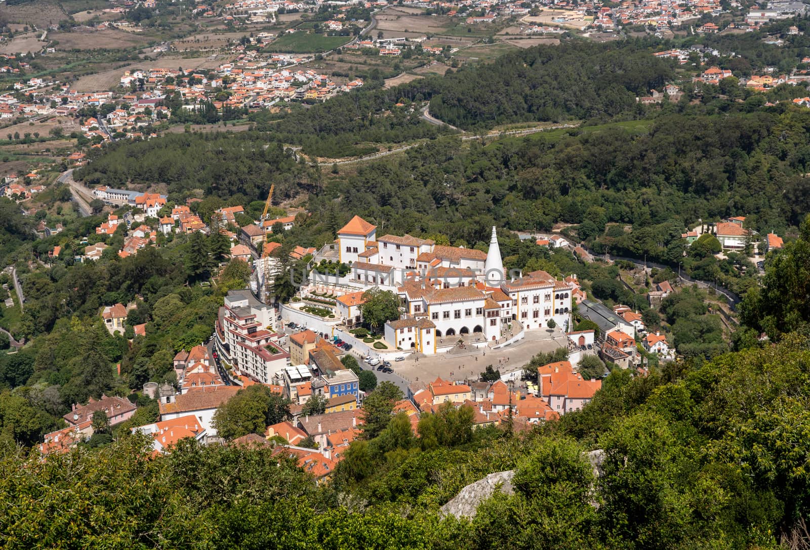Aerial view of the town of Sintra and the National Palace from the walls of Moorish castle