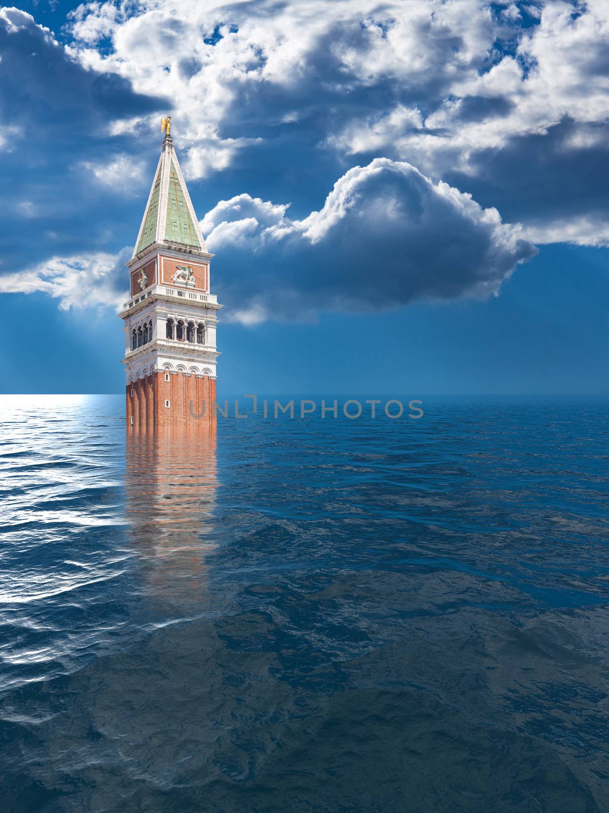 Concept image of a flooded San Marco or St Marks square in Venice as sea level rise makes the city uninhabitable