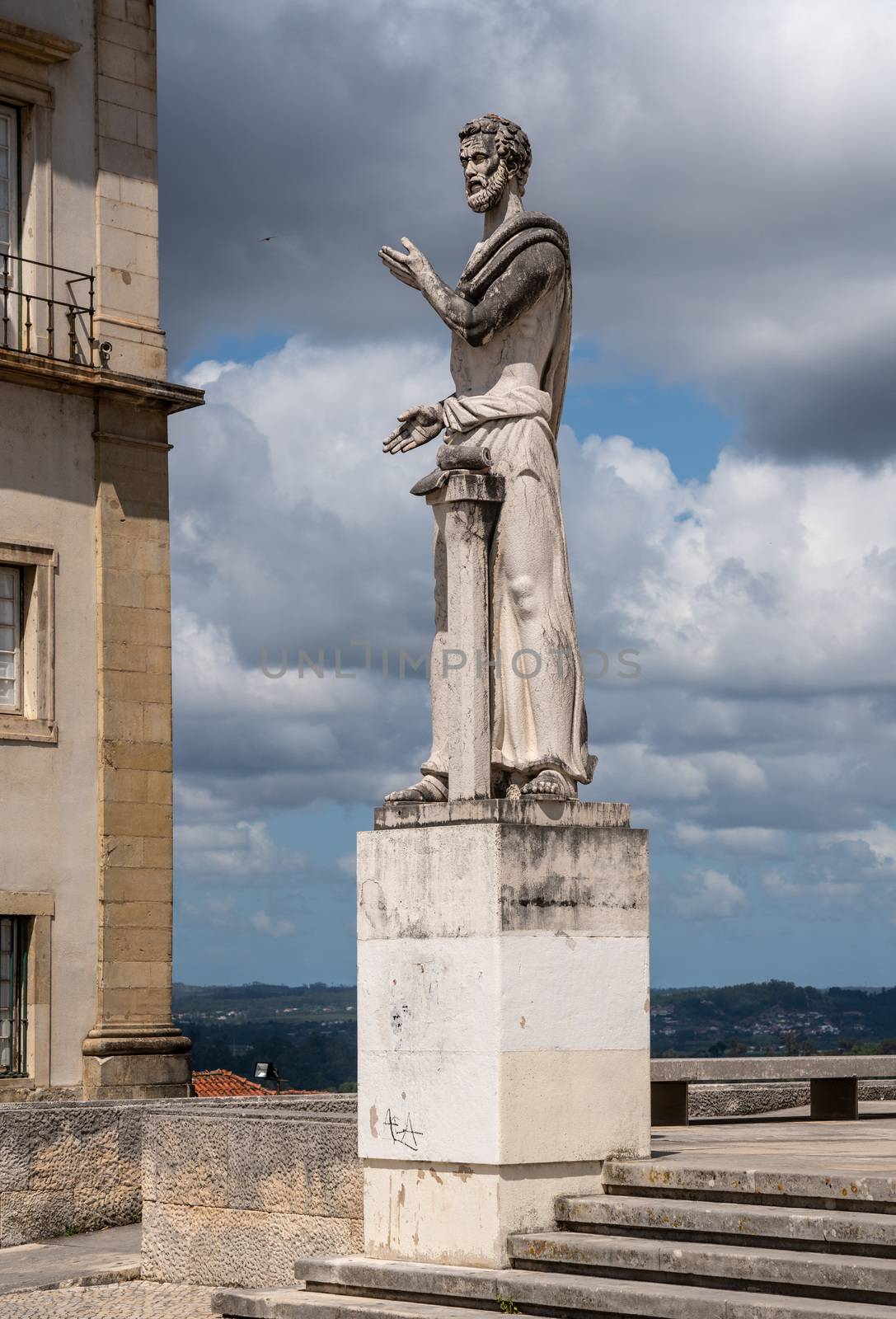 Statue to Greek philosopher outside the modern Literature building at the University of Coimbra