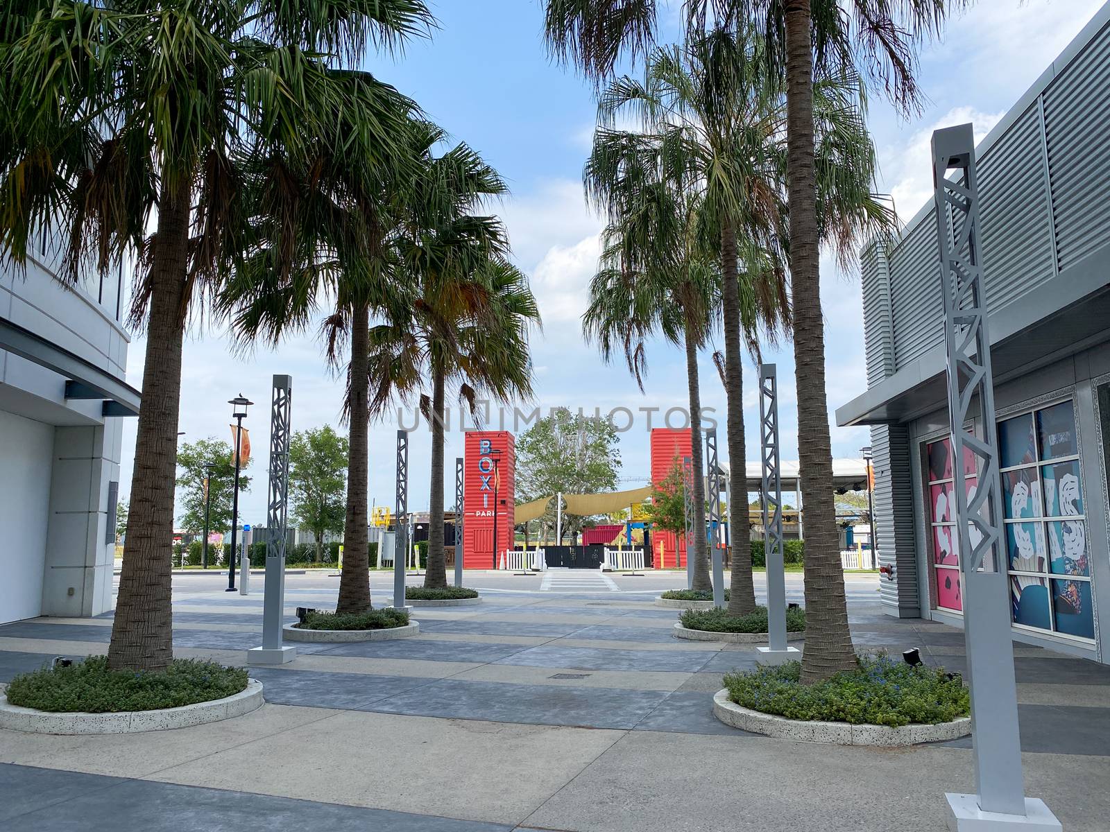 Orlando, FL/USA-4/10/20:  The exterior of Boxi Park a group of repurposed shipping containers that are grouped together to make up an outdoor restaurant, bar and entertainment venue in Lake Nona in Orlando, Florida.