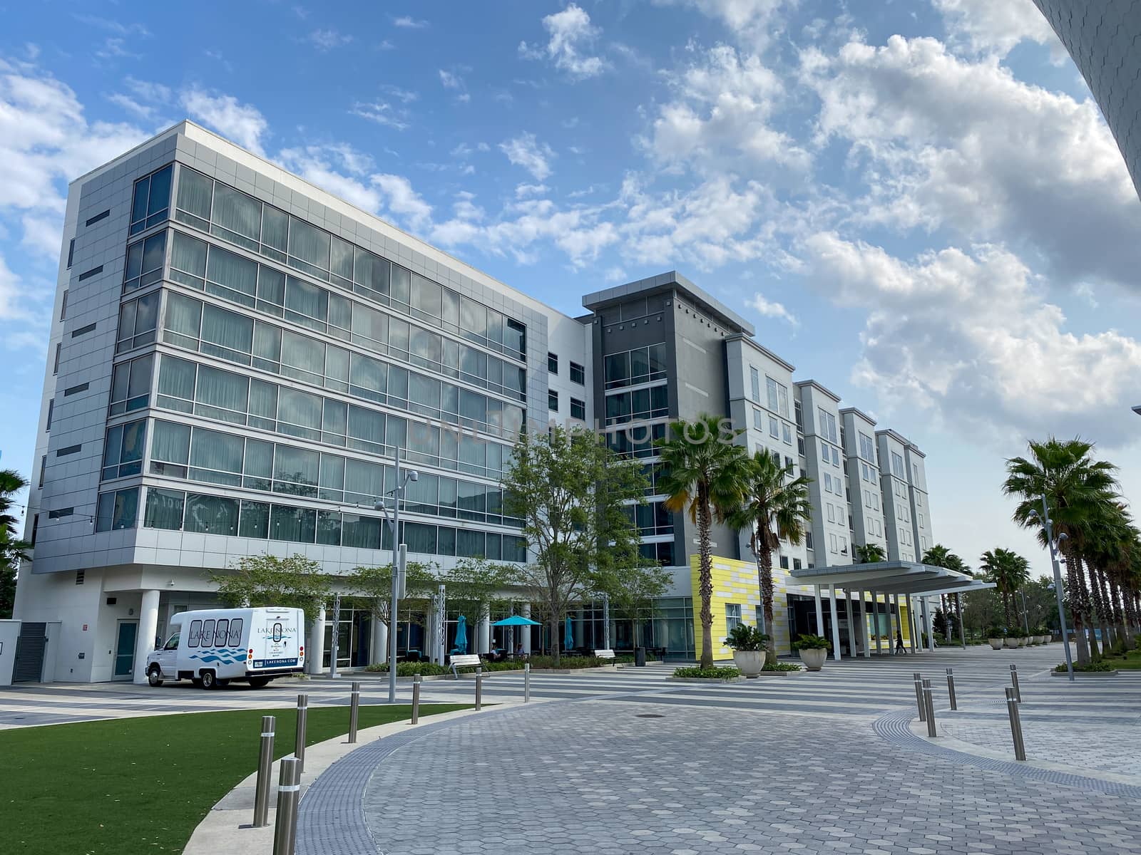 Orlando, FL/USA-4/10/20:  The exterior of a Marriott Courtyard and Residence Inn in Laureate Park Lake Nona Town Center in Orlando, Florida.