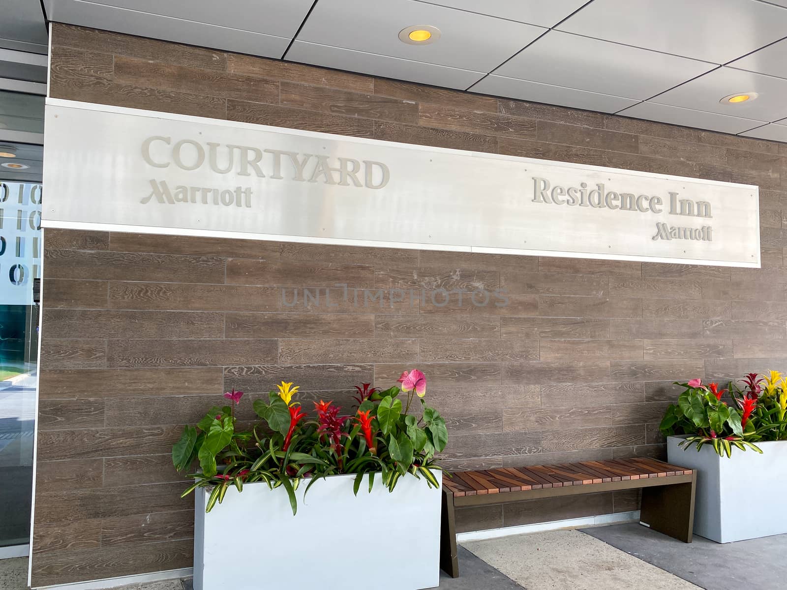 Orlando, FL/USA-4/10/20:  The exterior of a Marriott Courtyard and Residence Inn in Laureate Park Lake Nona Town Center in Orlando, Florida.