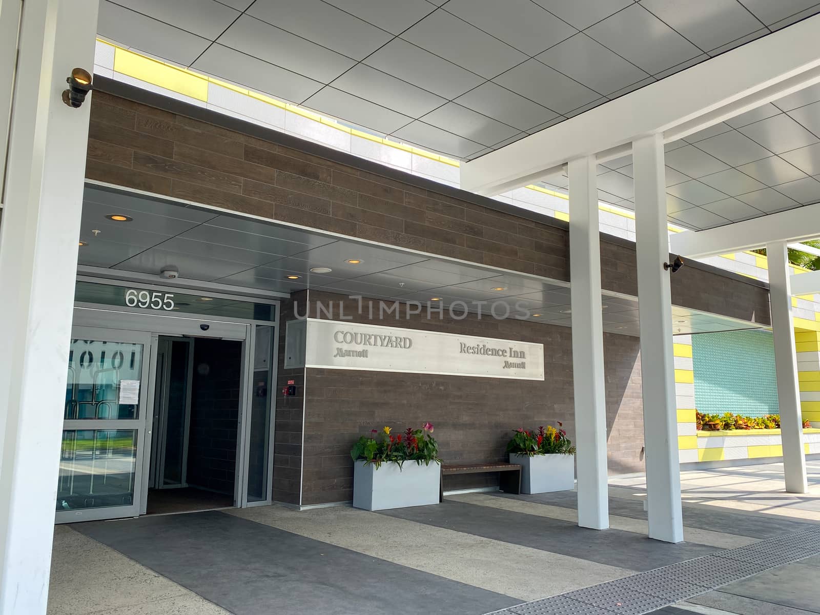 Orlando, FL/USA-4/10/20:  The exterior of a Marriott Courtyard and Residence Inn in Laureate Park Lake Nona Town Center in Orlando, Florida.