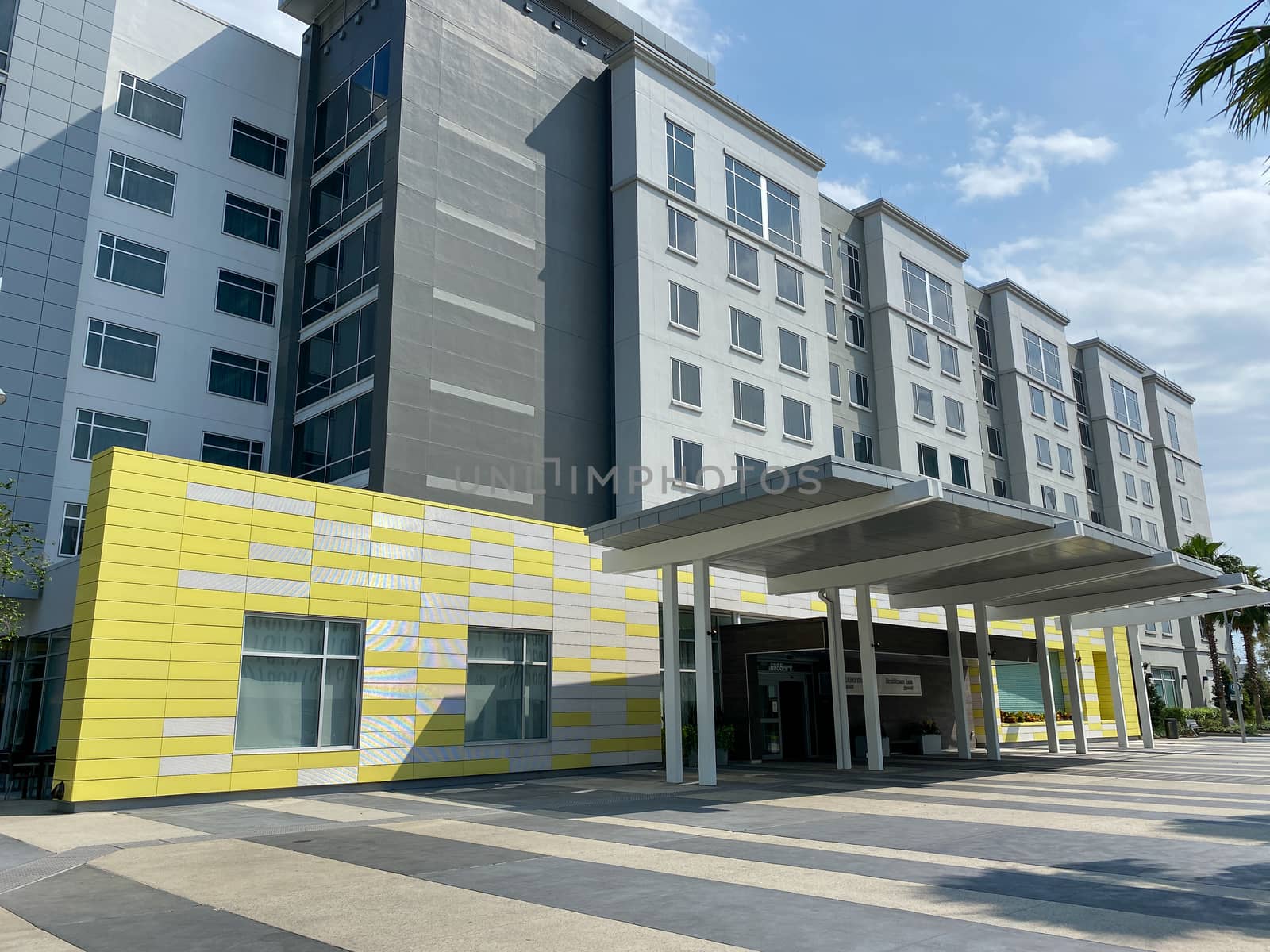 Orlando, FL/USA-4/10/20:  The exterior of a Marriott Courtyard and Residence Inn in Laureate Park Lake Nona Town Center in Orlando, Florida.