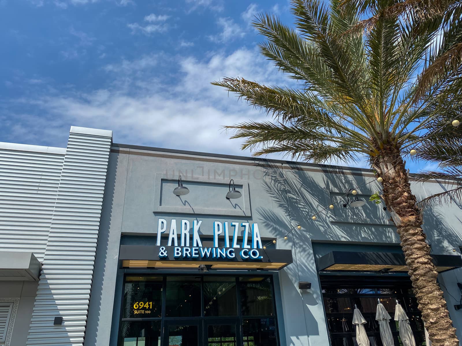 Orlando, FL/USA-4/11/20: The exterior of Park Place Pizza Restaurant in Laureate Park at Lake Nona in Orlando, FL USA.