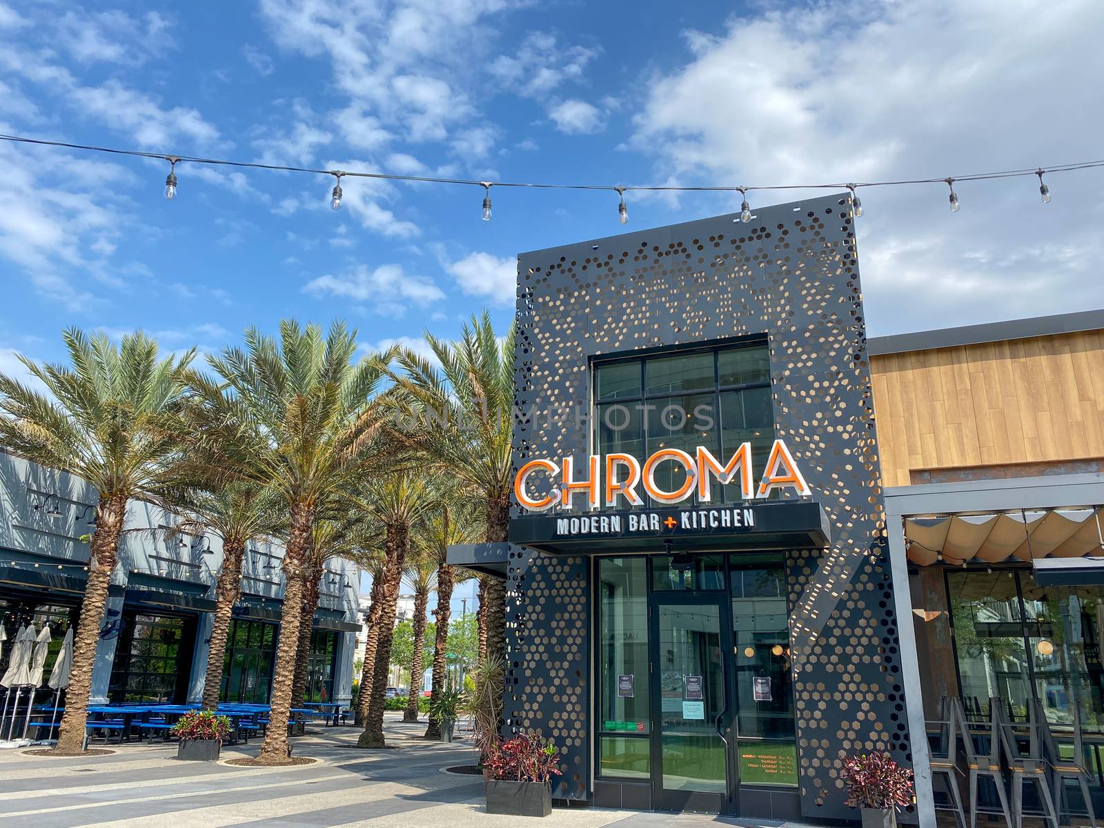 Orlando, FL/USA-4/11/20: The exterior of the small plate modern restaurant and bar Chroma in Laureate Park at Lake Nona in Orlando, FL USA.