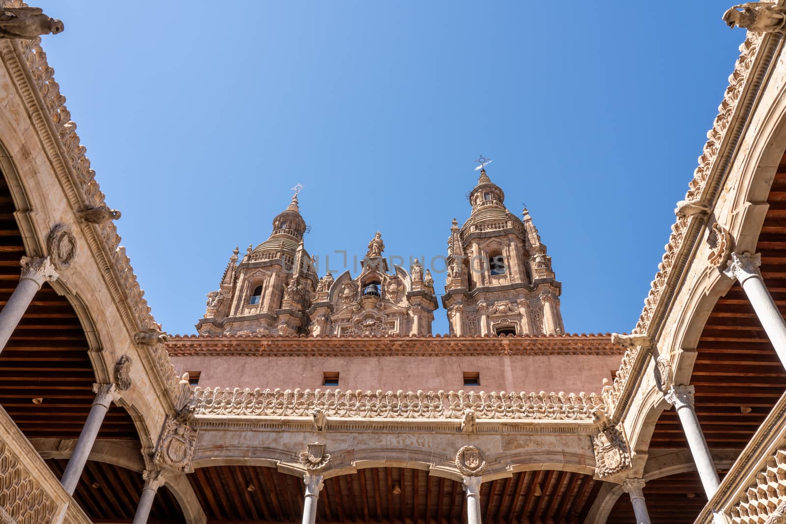 Ornate stone carvings on the Casa de la Conchas or shells around the courtyard with Clericia church in Salamanca