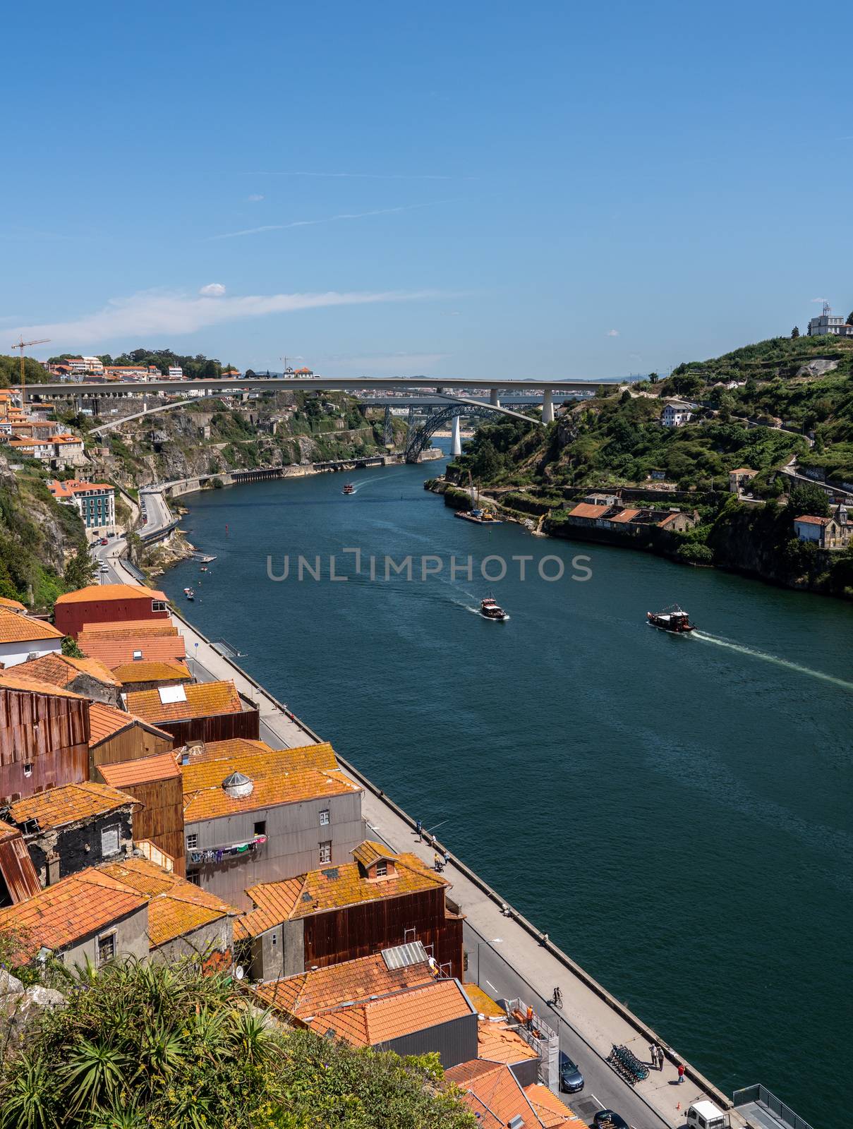 View towards the River Douro from the upper part steel bridge in Porto by steheap