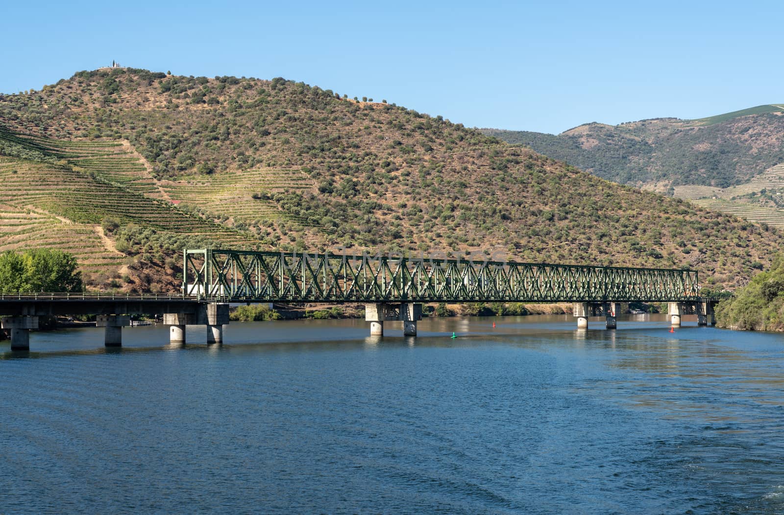 Vineyards line the hillsides as the railway bridge cross the river Douro with just enough headroom for the boat to pass