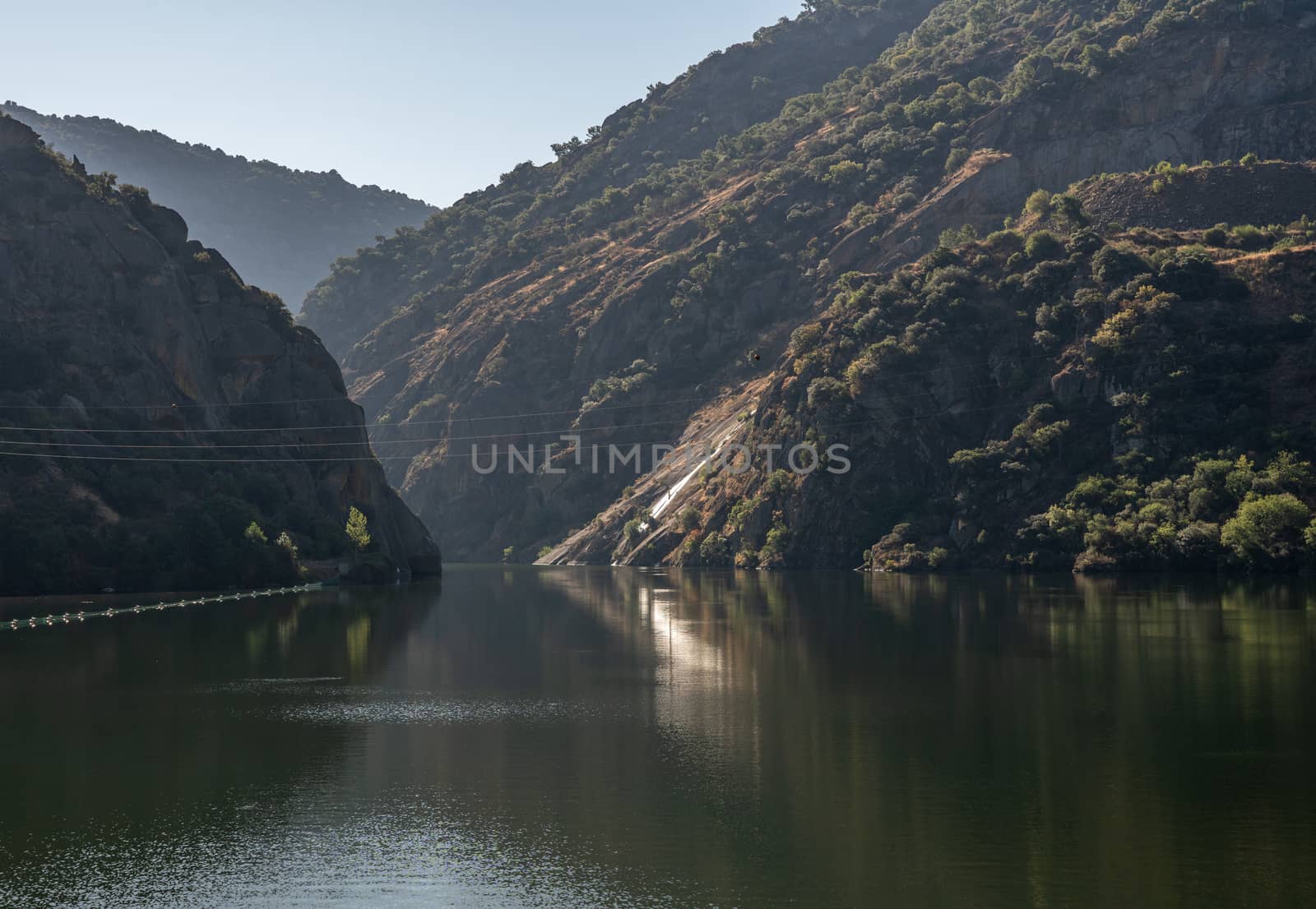 River Douro flowing through narrow gorge with rocky slopes on the banks in Portugal near Pinhao