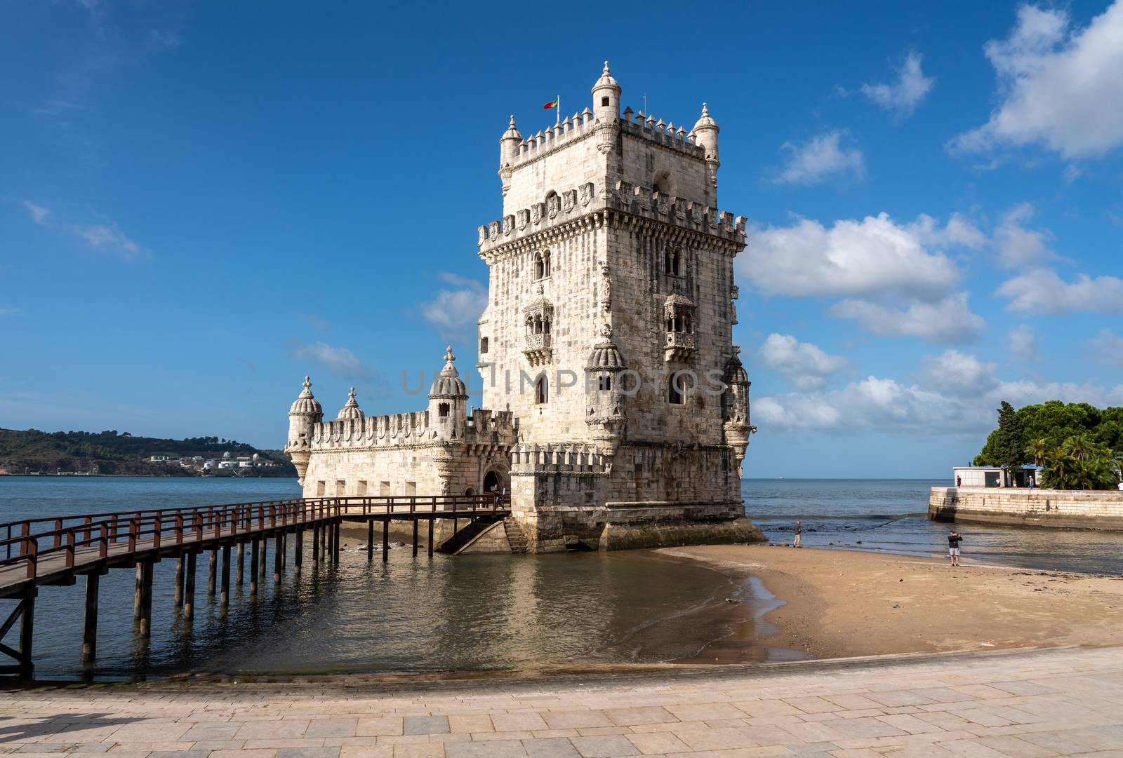 Panorama of the Tower of Belem on the Tagus river near Lisbon Portugal