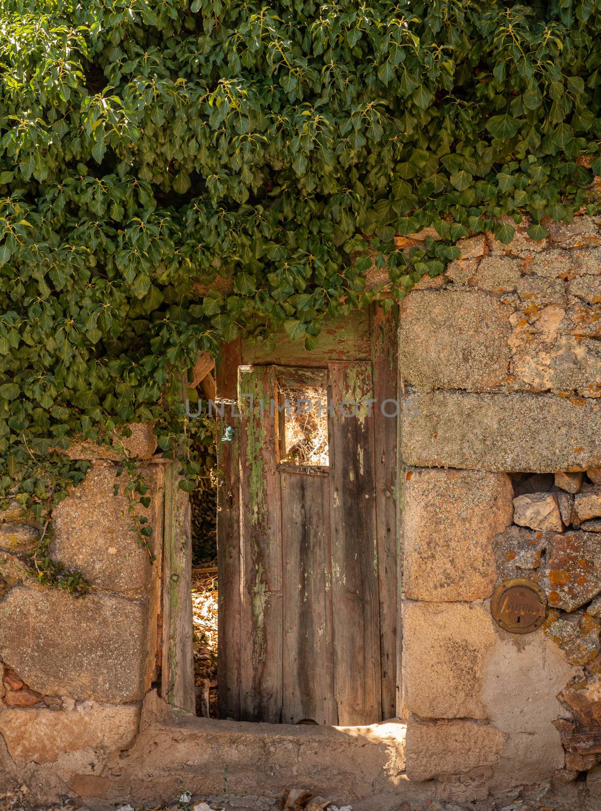 Wooden door opening into garden of stone house in the ancient town of Castelo Rodrigo in Portugal