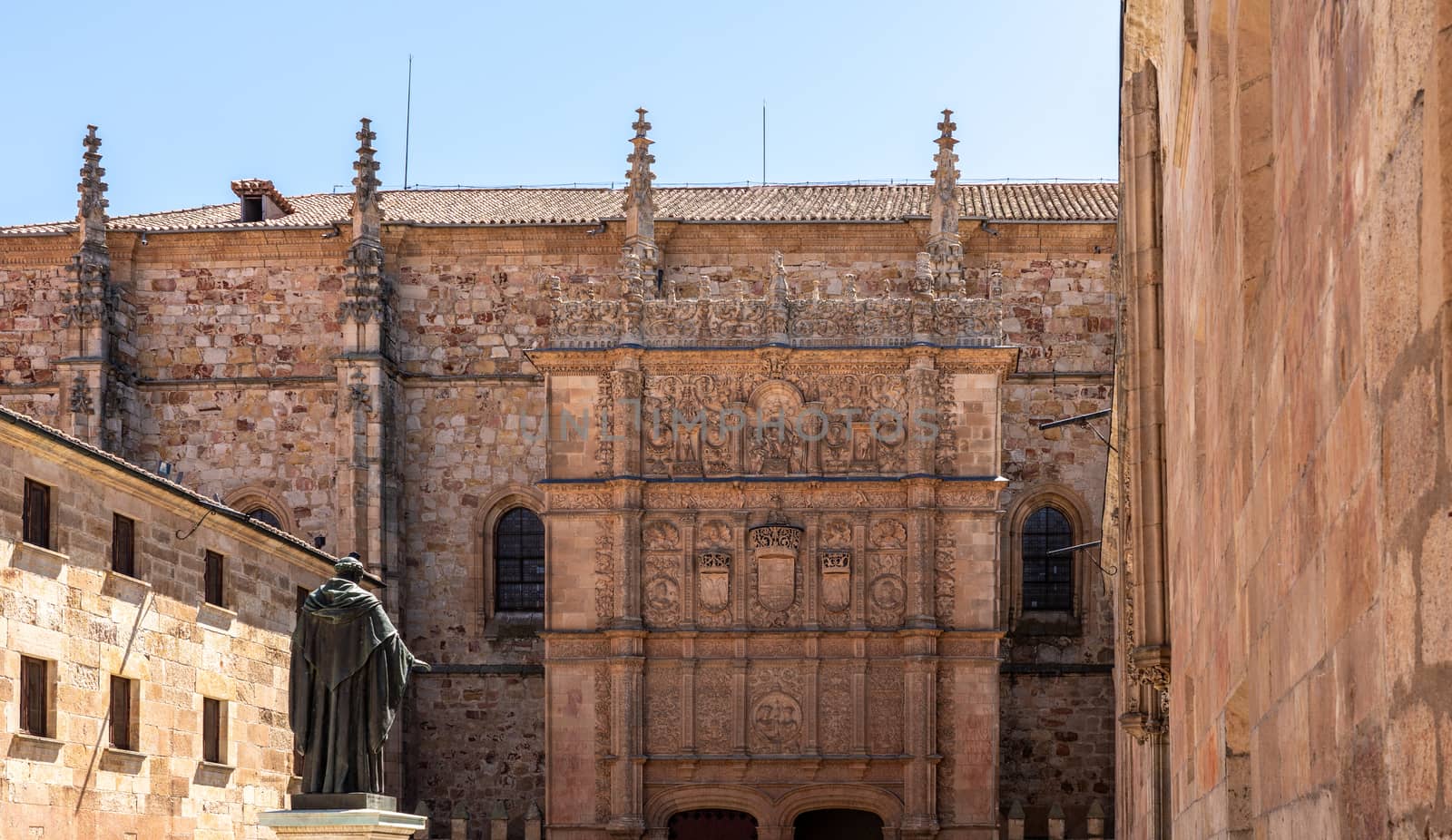 Ornate facade in the plateresque style at the University of Salamanca in Spain