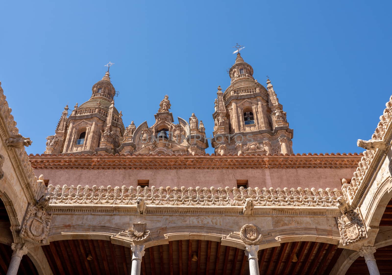 Ornate stone carvings on the Casa de la Conchas or shells around the courtyard with Clericia church in Salamanca