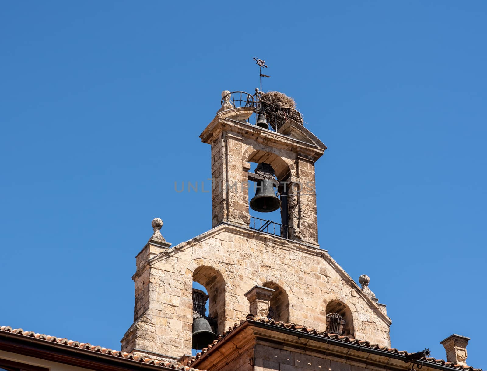 Stork's nest on the bell tower of St Martin's church in Salamanca