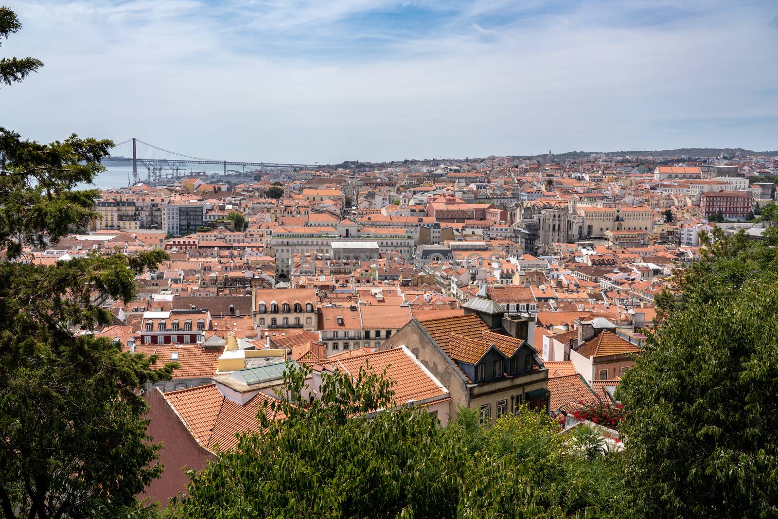 Panorama of the skyline of Lisbon over the rooftops of the old town from the castle