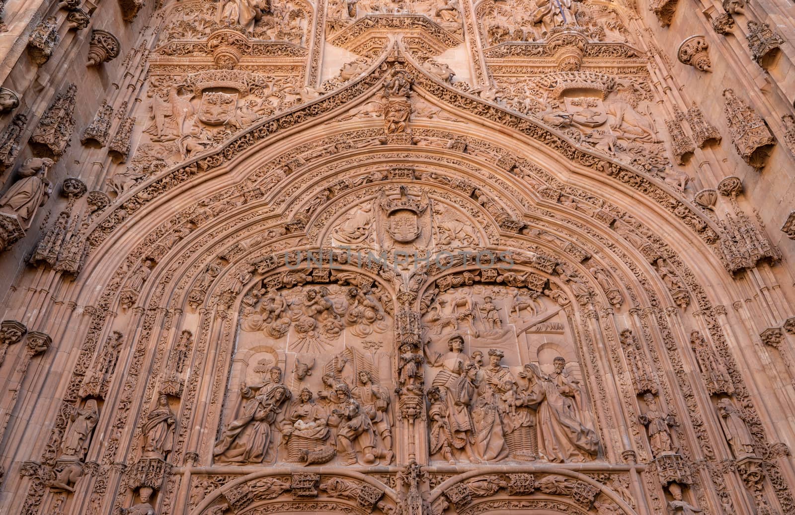 Ornate bible carvings in the facade and entrance to the old Cathedral in Salamanca