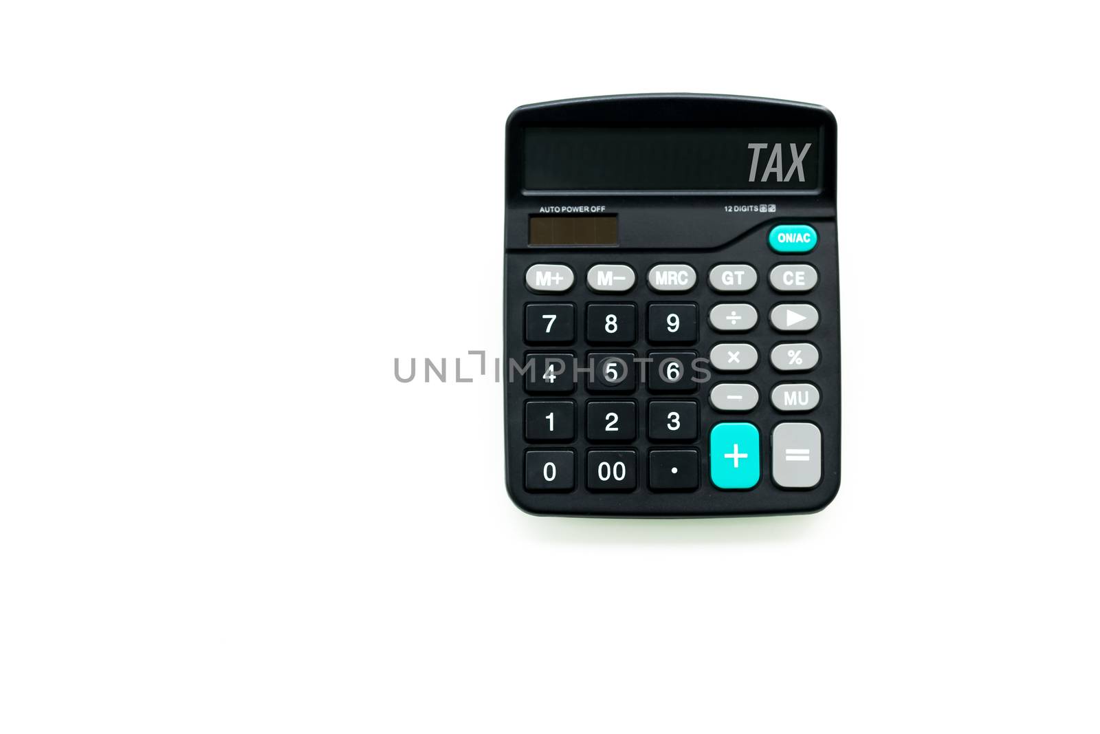 Calculator on the white backgrounds with TAX wording, topview isolated